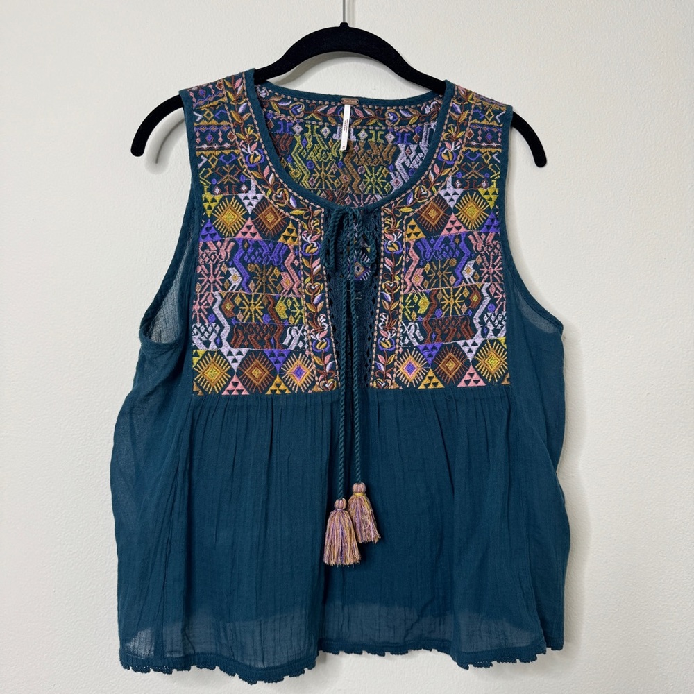 Free People Embroidered Teal Sleeveless Top w/ Tassels Size M